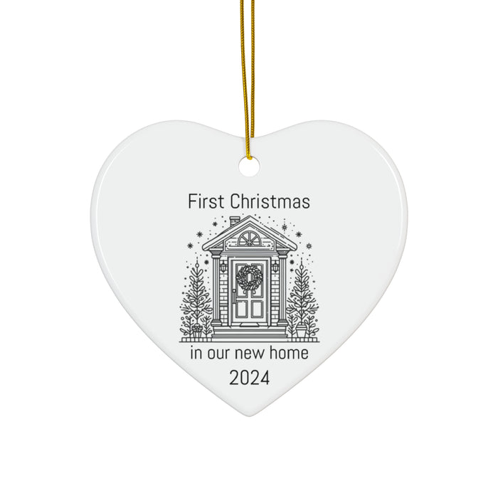 First Christmas in Our New Home 2024 Ceramic Ornament - Heart Shaped Keepsake with Gold String