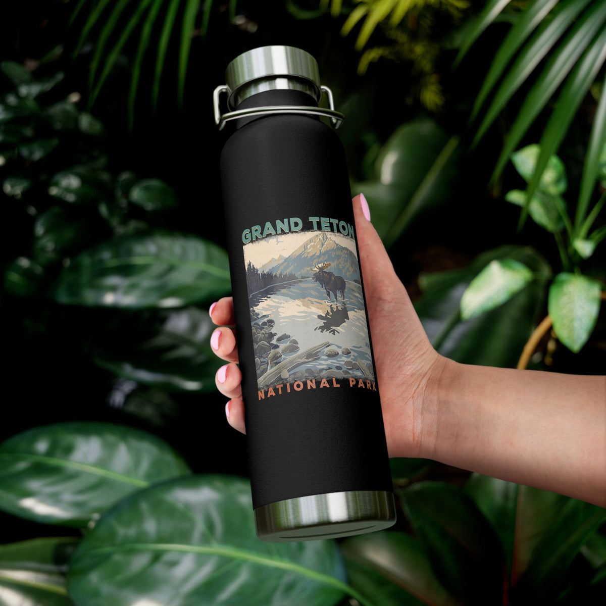 Grand Teton National Park souvenir water bottle featuring a scenic artwork design with stainless steel construction.