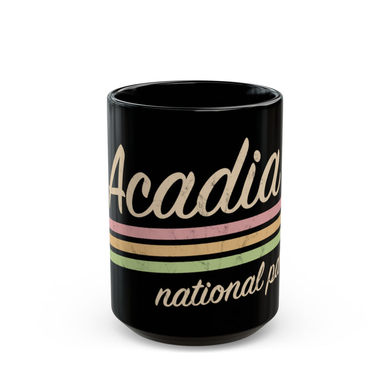 Ceramic coffee mug featuring a retro design with Acadia National Park.