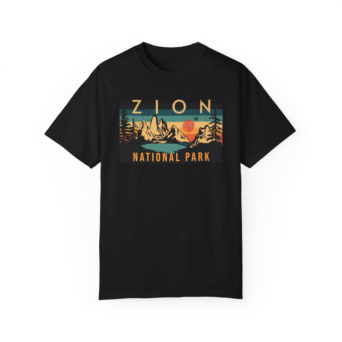 T-shirt featuring a mountain and sunset design for Zion National Park.