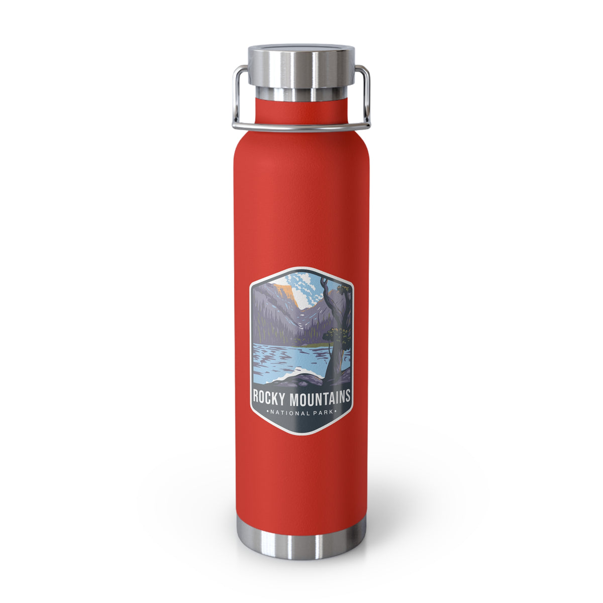 Red stainless steel water bottle featuring a design of Rocky Mountains National Park with mountain and lake scenery.