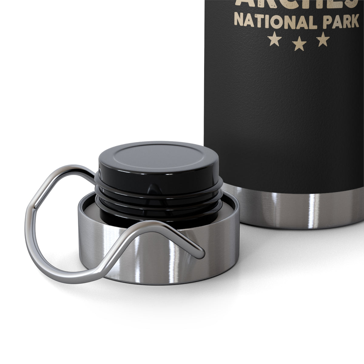 Image of a stainless steel water bottle featuring a design from Arches National Park.