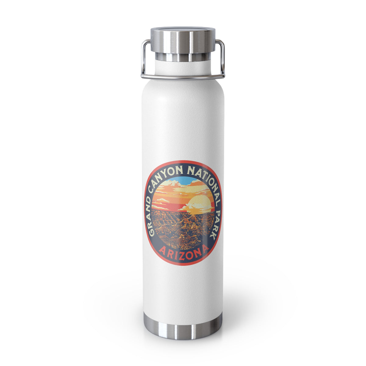 Grand Canyon National Park souvenir water bottle featuring a sunset landscape design and stainless steel construction.