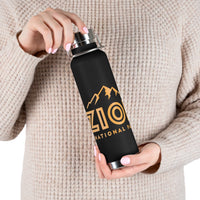 Image of a stainless steel water bottle featuring a mountain design from Zion National Park in Utah.