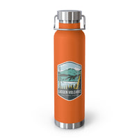 Orange stainless steel water bottle with a scenic design of Lassen Volcanic National Park.