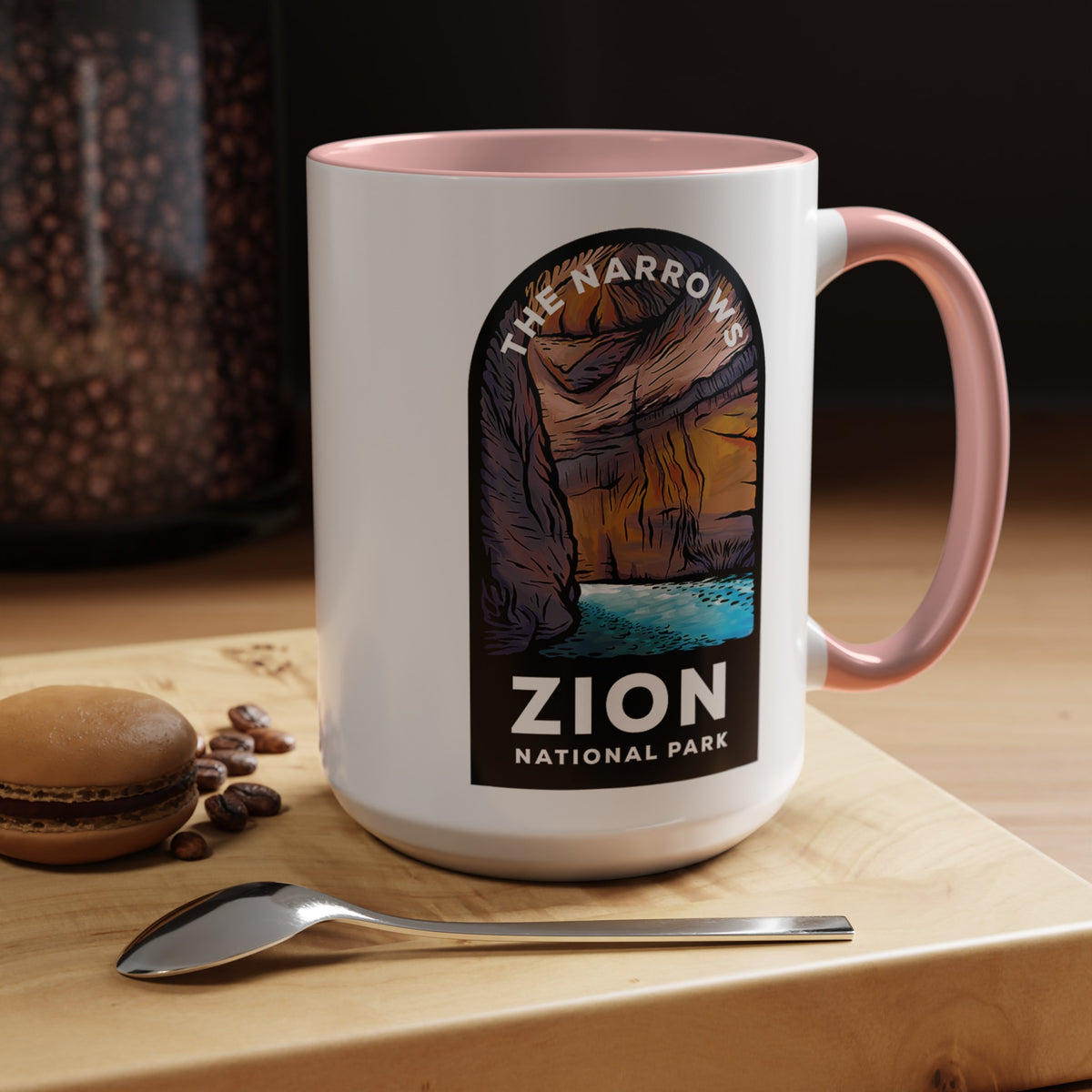 15 oz ceramic mug with pink contrasting handle featuring a design of The Narrows at Zion National Park, perfect as a souvenir 