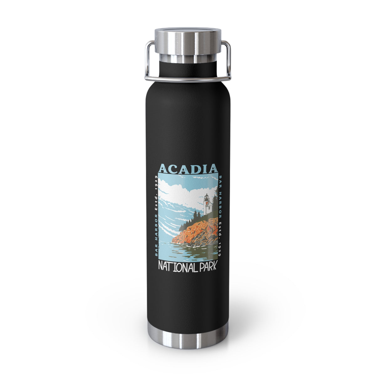 Stainless steel water bottle featuring an Acadia National Park design with a lighthouse and coastal illustration, durable powder-coated finish.