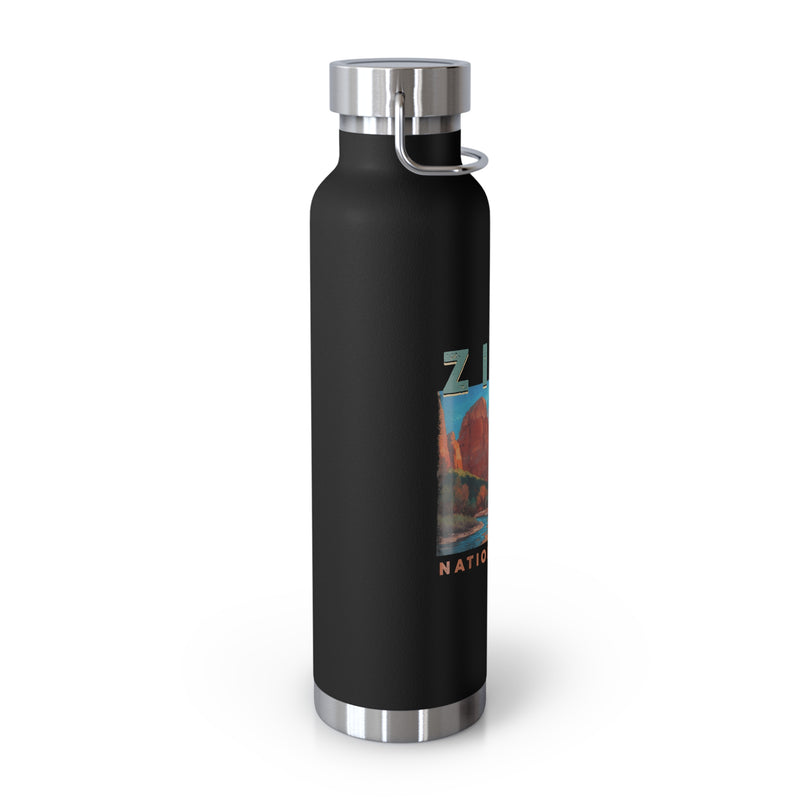 Image of a stainless steel water bottle featuring a scenic design from Zion National Park in Utah.