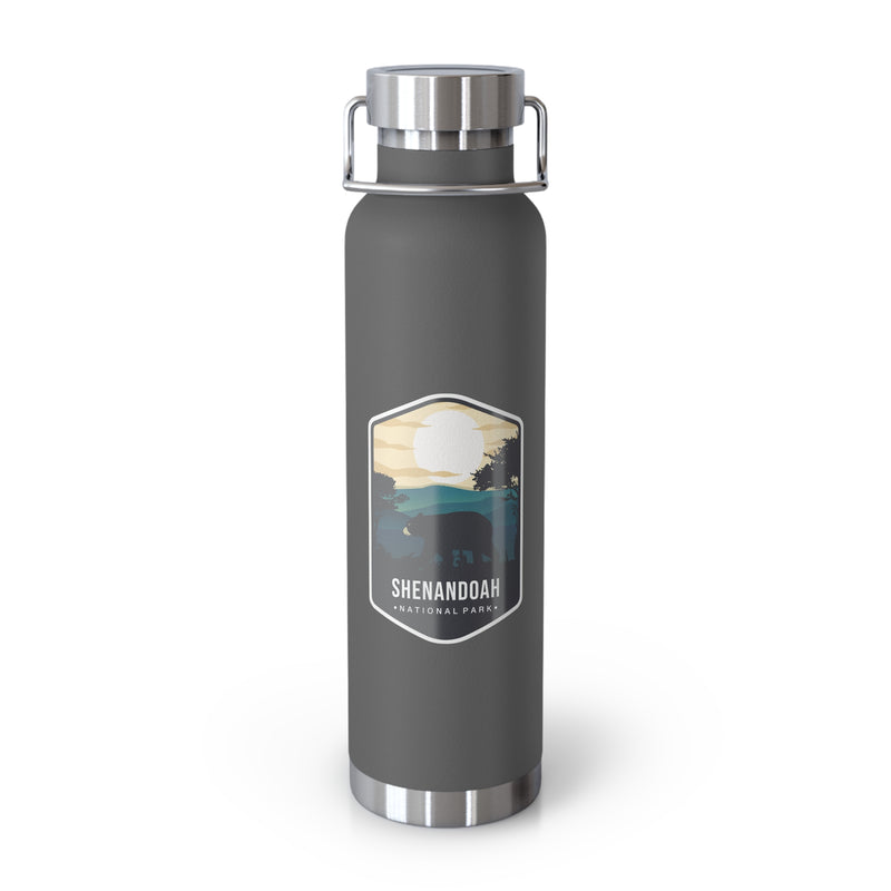 Grey stainless steel water bottle featuring a design of Shenandoah National Park with mountain and sunset scenery.