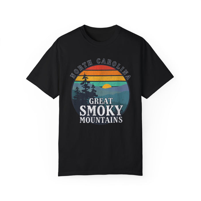 T-shirt featuring a sunset graphic with trees and text "North Carolina Great Smoky Mountains."