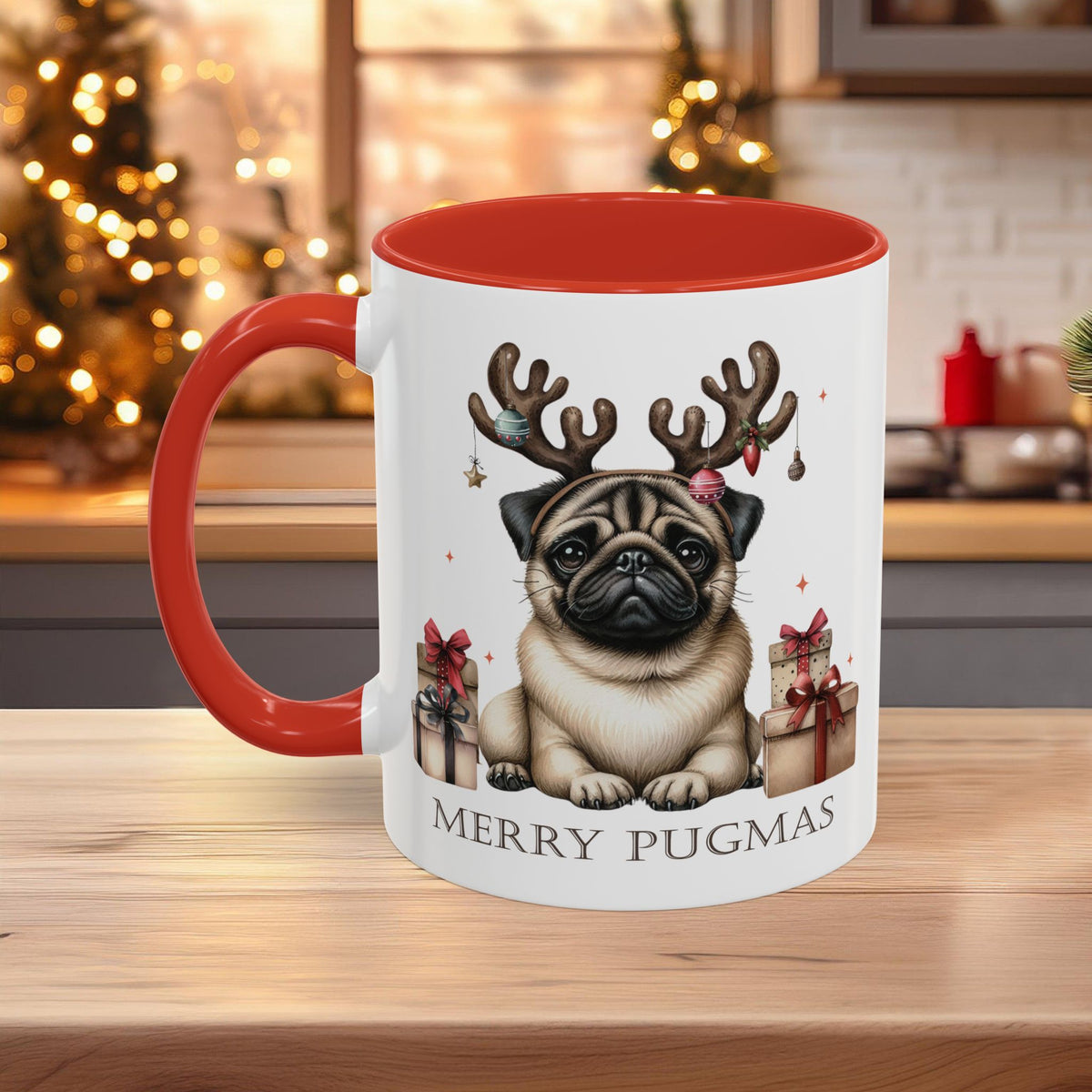 Merry Pugmas Christmas Mug, Cute Pug Dog Design with Free Shipping, Microwave and Dishwasher Safe