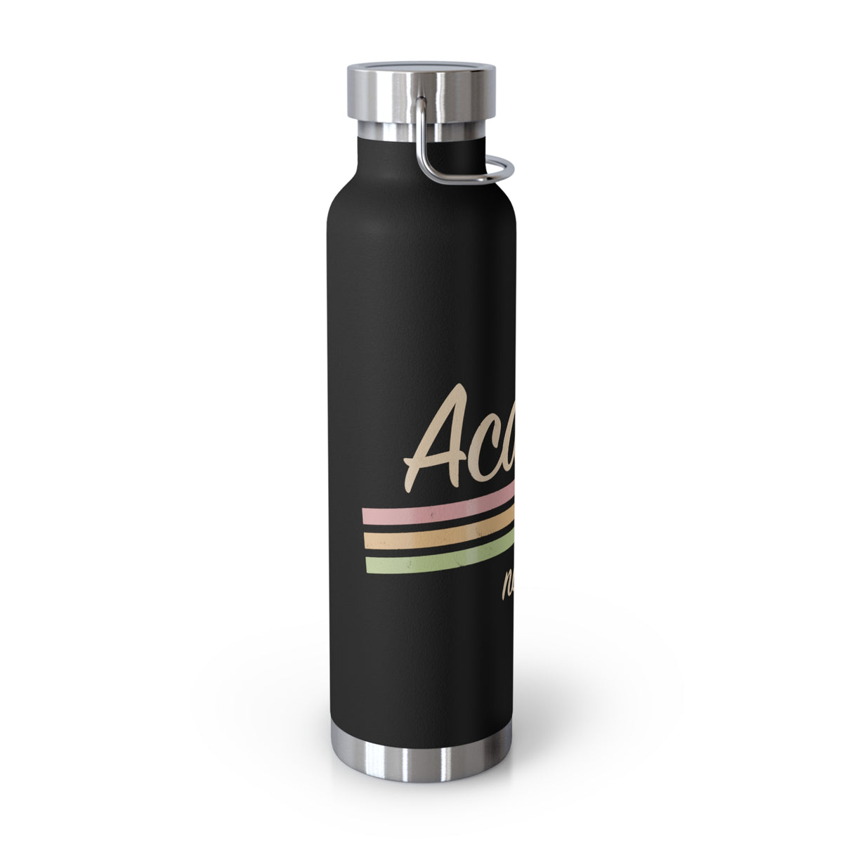 Stainless steel water bottle featuring an Acadia National Park design with retro stripes and durable powder-coated finish.