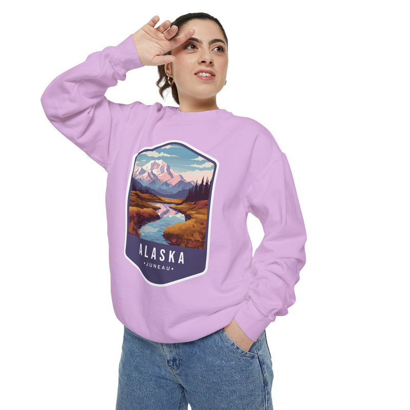 Cozy Alaska Juneau Sweatshirt - Scenic Mountain River Design - Unisex Garment-Dyed Cozy Fleece