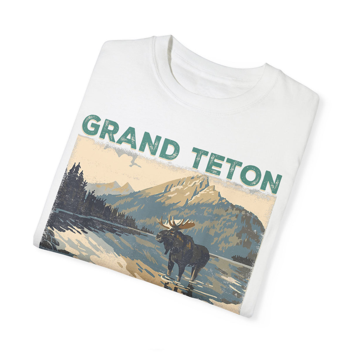 Grand Teton National Park T-shirt featuring a moose graphic design with a lake and mountain scene.