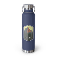 Navy stainless steel water bottle featuring a design of Yosemite National Park with a mountain and forest scenery.