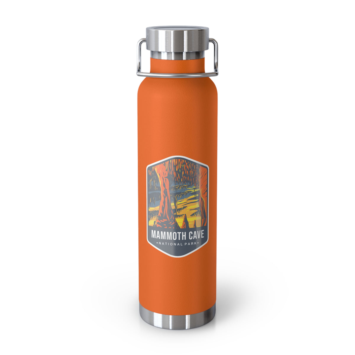 Orange stainless steel water bottle with a scenic design of Mammoth Cave National Park.