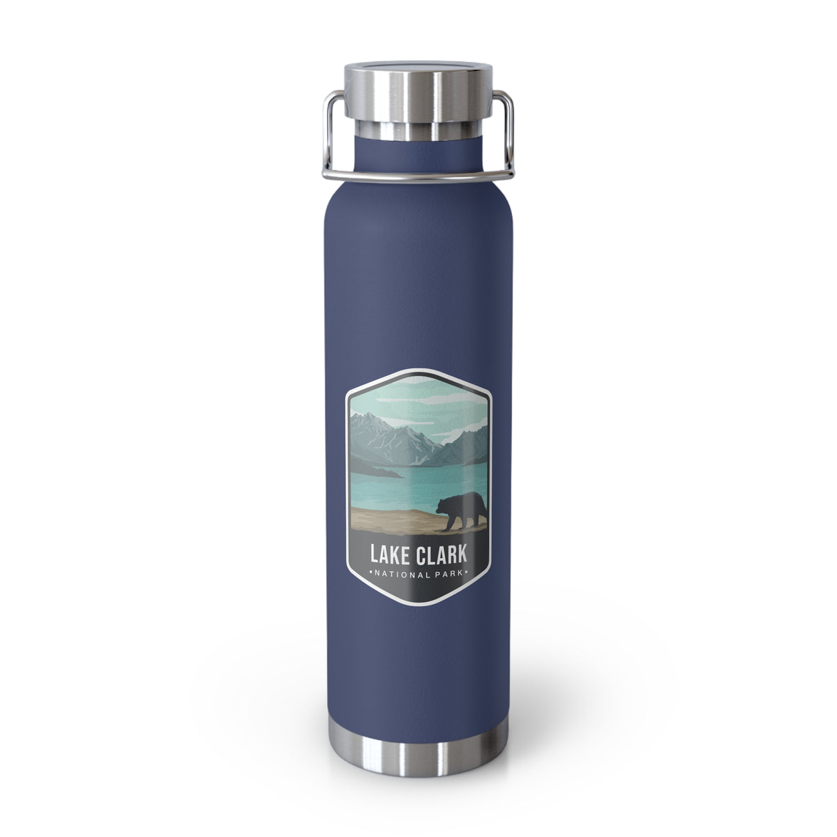 Stainless steel water bottle with a scenic design of Lake Clark National Park.