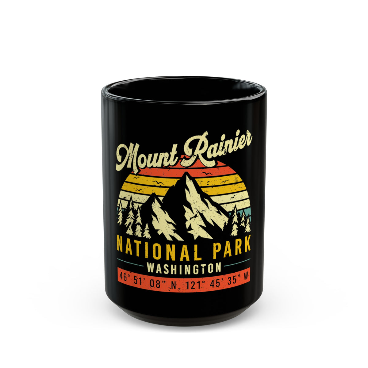 Mount Rainier National Park souvenir mug with mountain and coordinates design