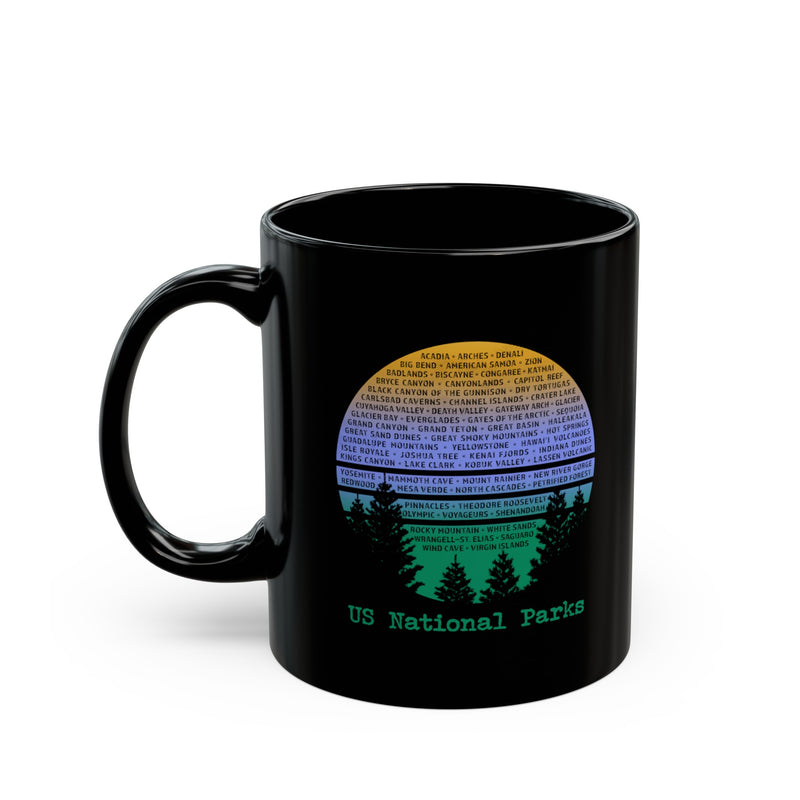 Black ceramic mug featuring a sunset design with trees and the text "US National Parks."