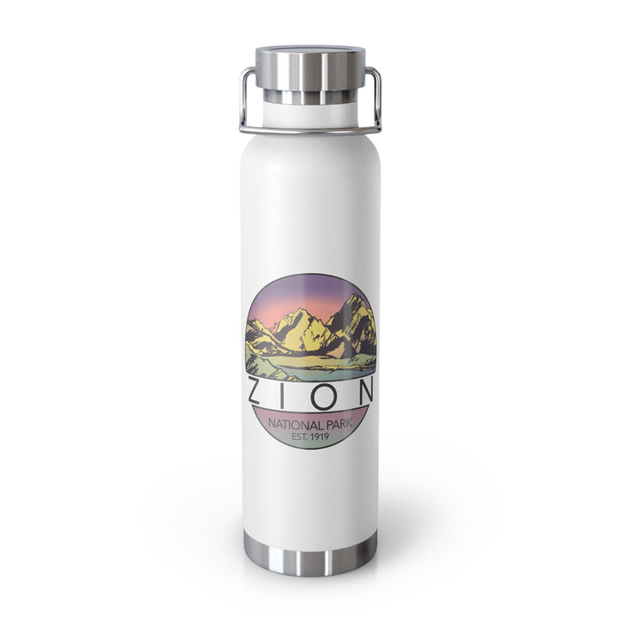 Image of a stainless steel water bottle featuring a mountain design from Zion National Park in Utah.