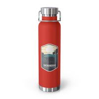 Red stainless steel water bottle featuring a design of Shenandoah National Park with mountain and sunset scenery.