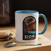 11 oz ceramic mug with light blue contrasting handle featuring a design of The Narrows at Zion National Park, perfect as a souvenir.