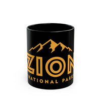 Black ceramic mug featuring a bold design of Zion National Park with stylized mountain graphics.