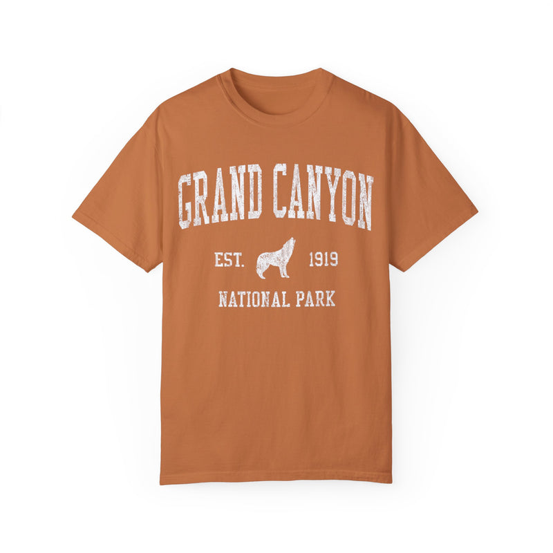 Grand Canyon National Park T-shirt featuring an "Est. 1919" graphic design with a wolf, highlighting the park's establishment date.