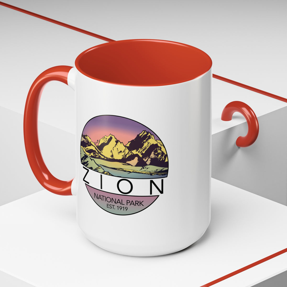 Ceramic mug featuring a mountain design of Zion National Park, perfect as a souvenir.