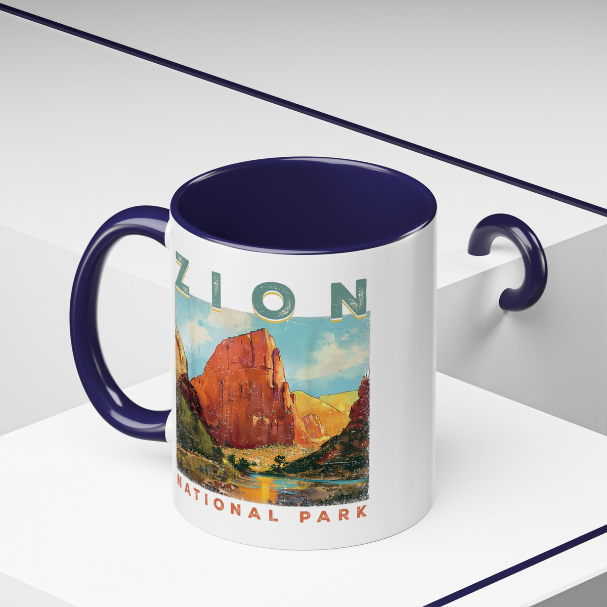 Ceramic mug featuring a scenic design of Zion National Park, ideal as a souvenir.