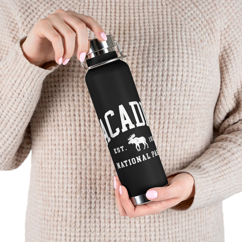 Stainless steel water bottle featuring an Acadia National Park design with a moose and "Est. 1916" text, durable powder-coated finish.