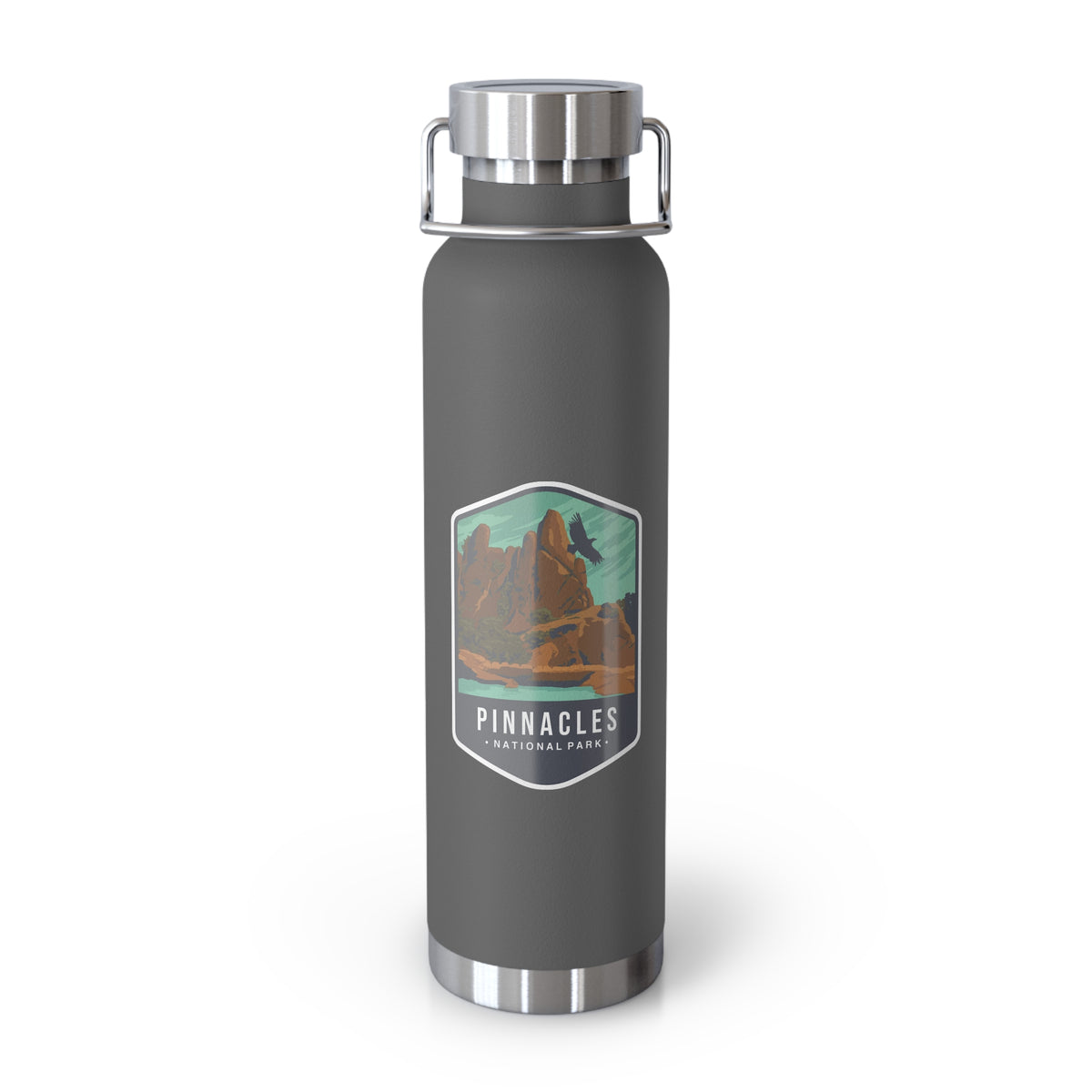 Grey stainless steel water bottle featuring a design of Pinnacles National Park with rock formations.