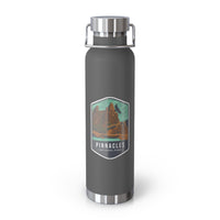 Grey stainless steel water bottle featuring a design of Pinnacles National Park with rock formations.