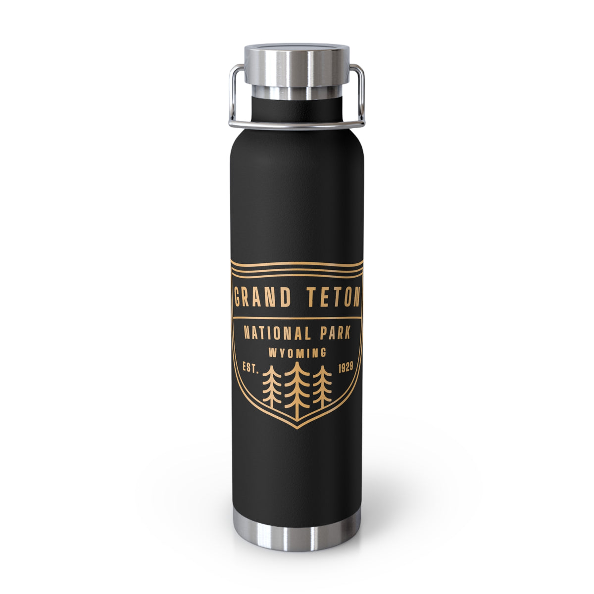 Grand Teton National Park souvenir water bottle featuring a forest design with stainless steel construction.