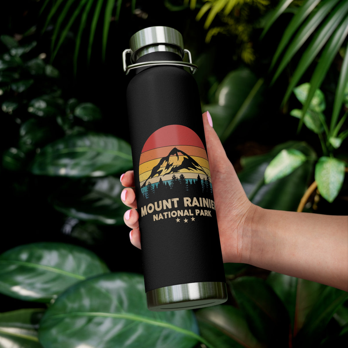 Mount Rainier National Park water bottle with a scenic mountain and sunset design.