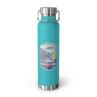 Mint green stainless steel water bottle with a scenic design of New River Gorge National Park.