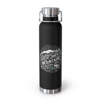 Image of an insulated souvenir bottle featuring a nature-themed design with the text "Great Smoky Mountains National Park, Tennessee & North Carolina."