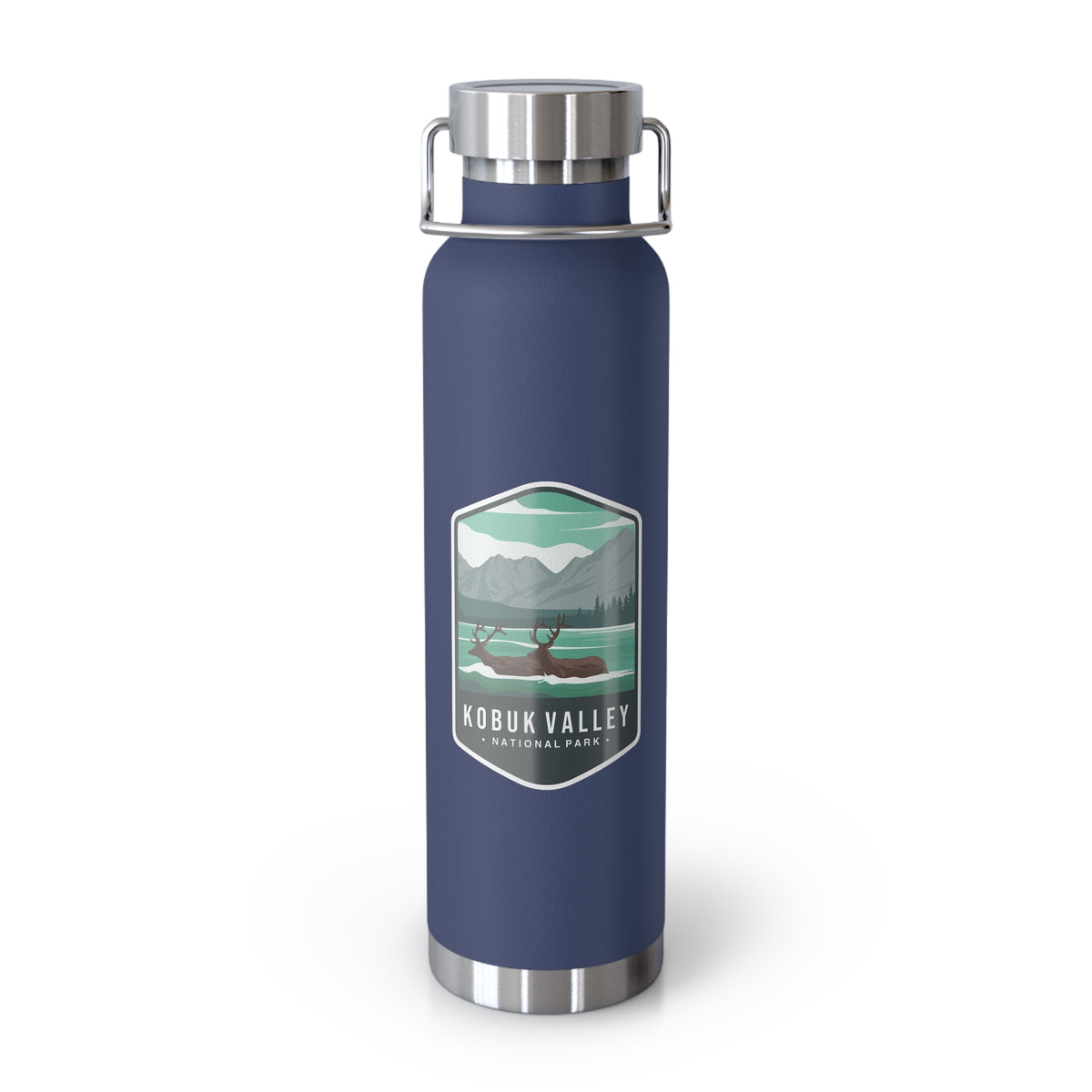 Navy stainless steel water bottle with a scenic design of Kobuk Valley National Park.