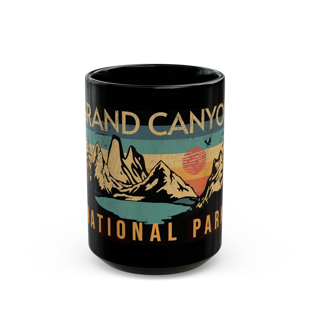 Grand Canyon National Park souvenir mug with sunrise and mountain design