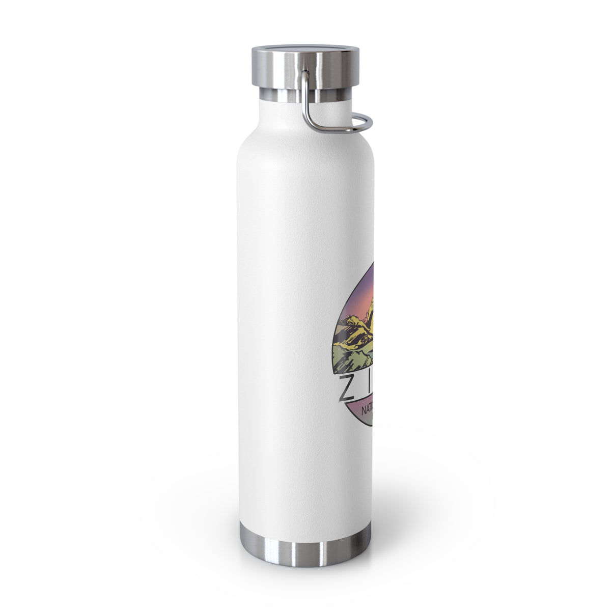 Image of a stainless steel water bottle featuring a mountain design from Zion National Park in Utah.