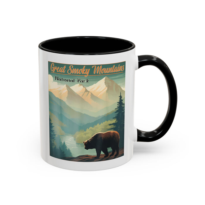 11 oz black ceramic mug featuring an illustration of a bear in Great Smoky Mountains National Park with mountains and trees in the background.