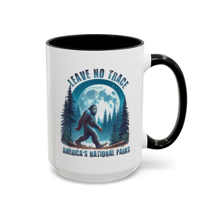 15 oz black ceramic mug with Bigfoot graphic and "Leave No Trace" text, featuring Yosemite National Park scenery.