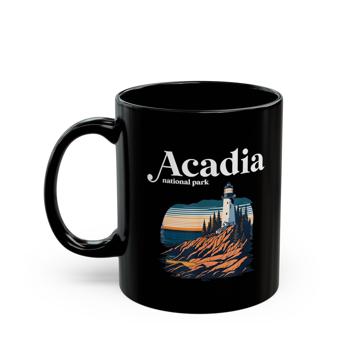 Ceramic coffee mug featuring a lighthouse design with Acadia National Park.