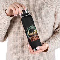 Grand Teton National Park souvenir water bottle featuring a bear design and Jackson Hole, Wyoming text with stainless steel construction.