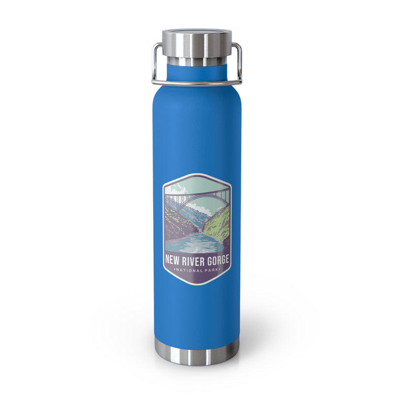 Pebble blue stainless steel water bottle with a scenic design of New River Gorge National Park.