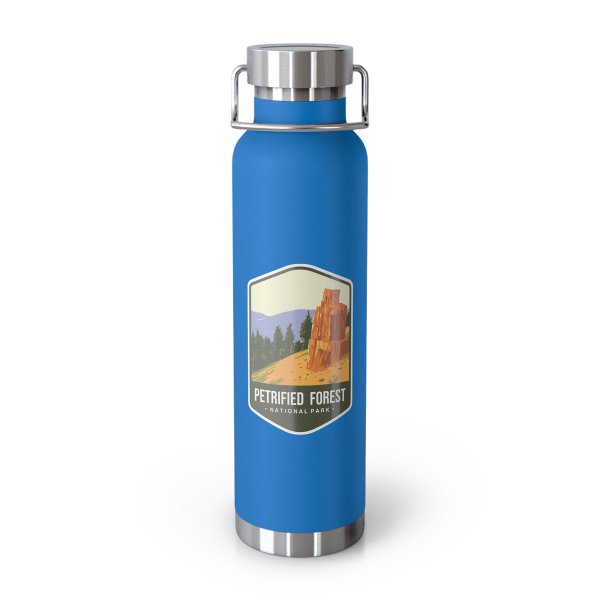 Pebble blue stainless steel water bottle featuring a Petrified Forest National Park design with a tall petrified tree.