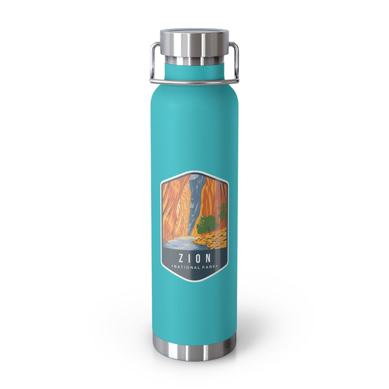 Mint Green stainless steel water bottle featuring a design of Zion National Park with a waterfall and canyon scenery.