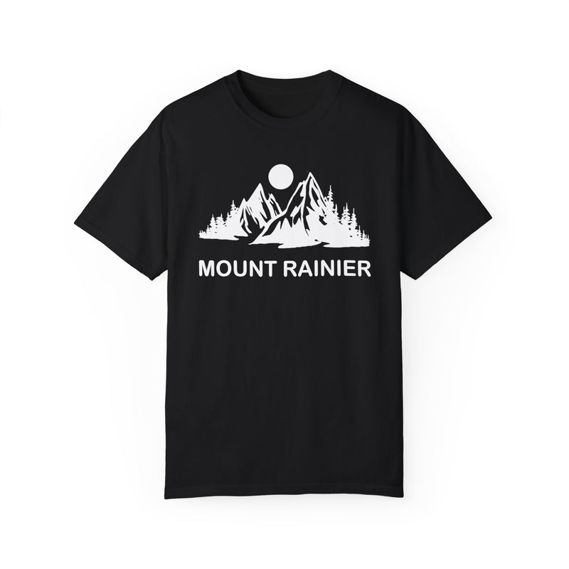 T-shirt featuring Mt. Rainier National Park with a mountain and trees design.