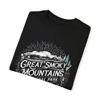 T-shirt featuring a detailed scenic design with mountains, trees, and the text "Great Smoky Mountains National Park."