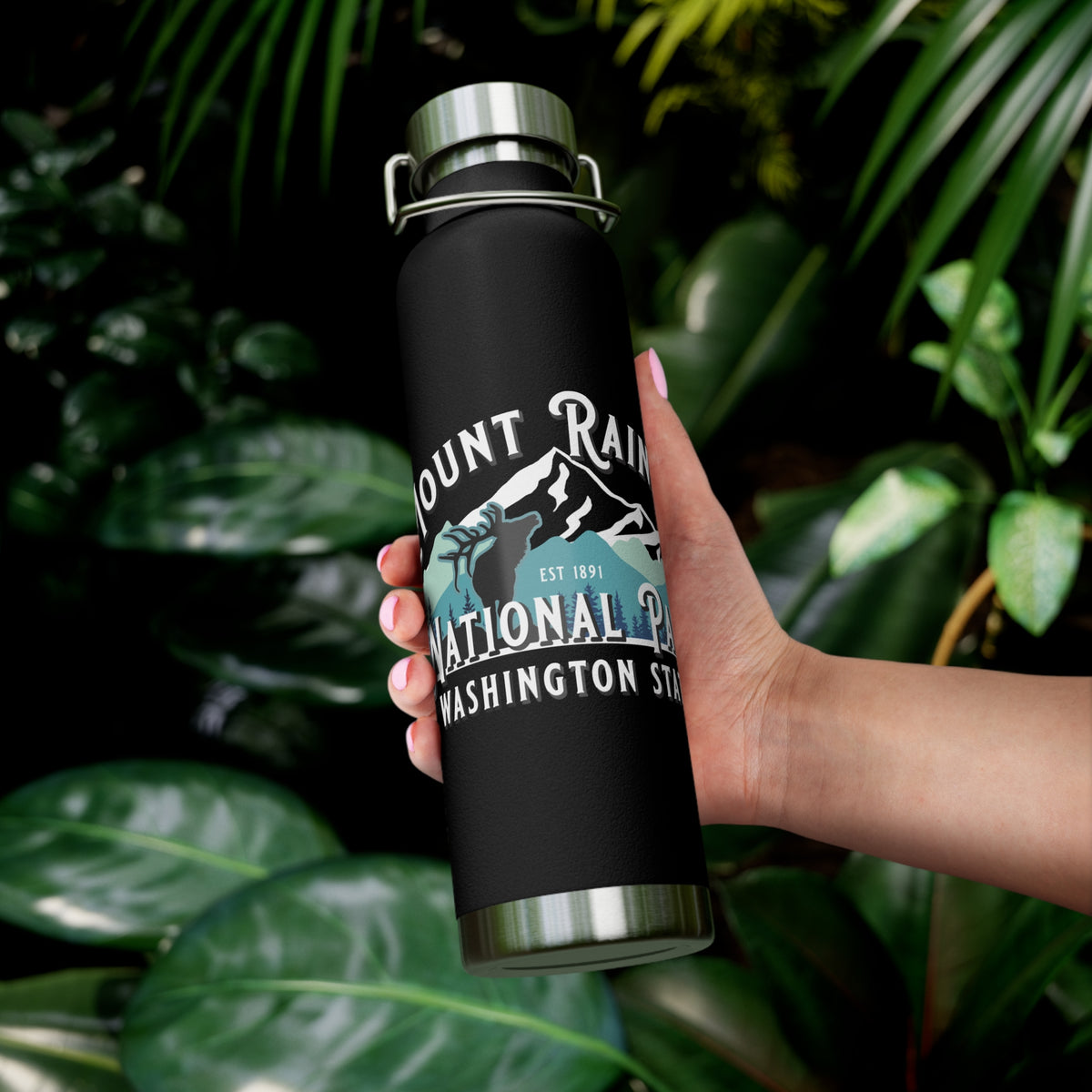 Stainless steel water bottle featuring a Mount Rainier National Park design with an elk and mountain illustration, durable powder-coated finish.